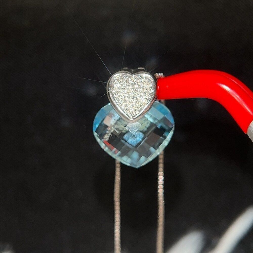 14k Heart Blue Topaz/Diamonds Necklace - Picture 3 of 6